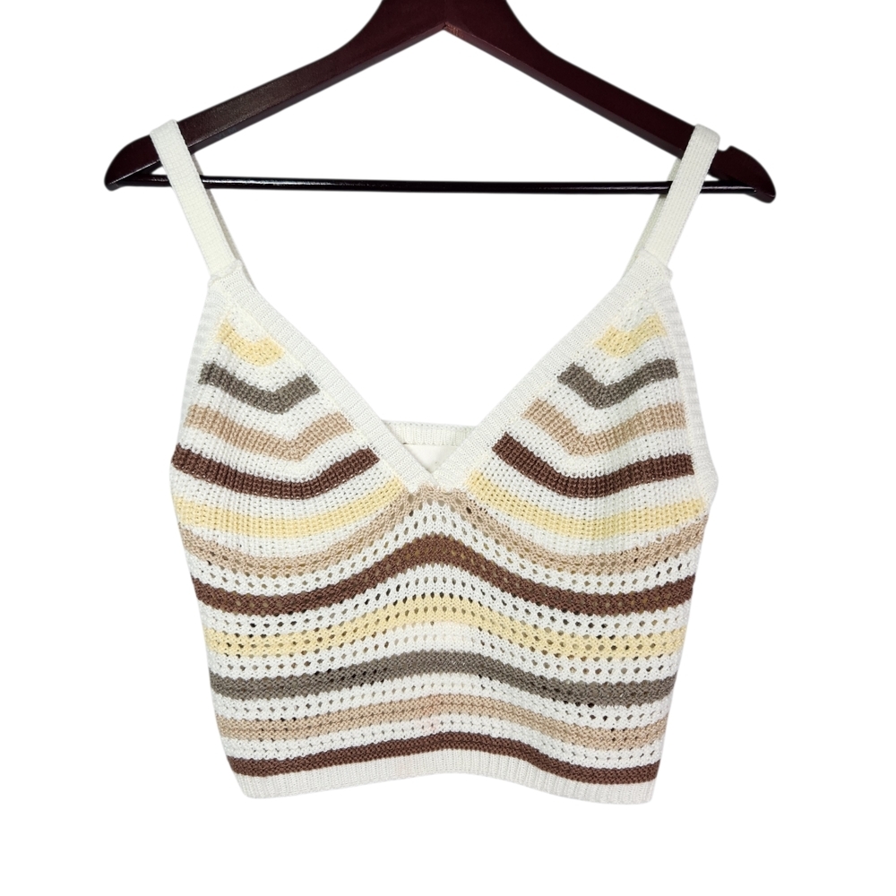 NWT No Comment Striped Crochet V-Neck Crop Tank Top Med Grannycore Festival Boho